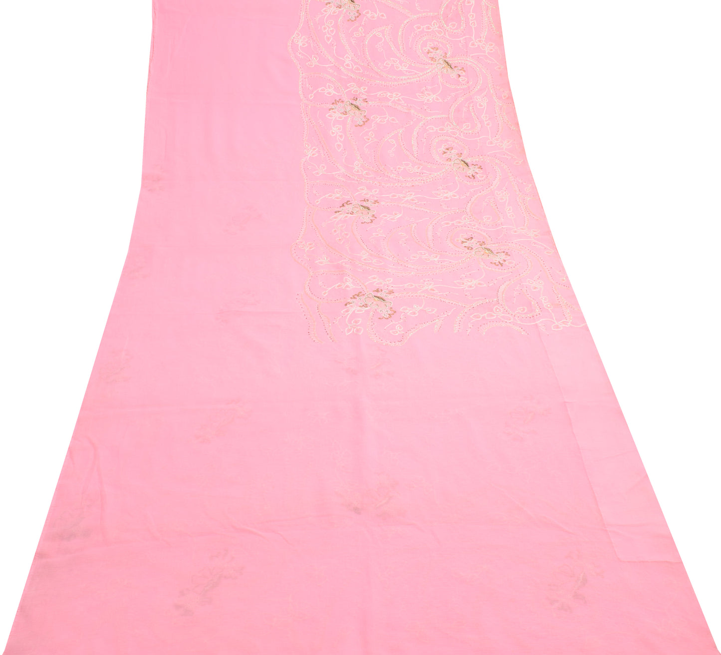 Sushila Vintage Pink Saree Blend Chiffon Silk Embroidered Floral Sari Fabric