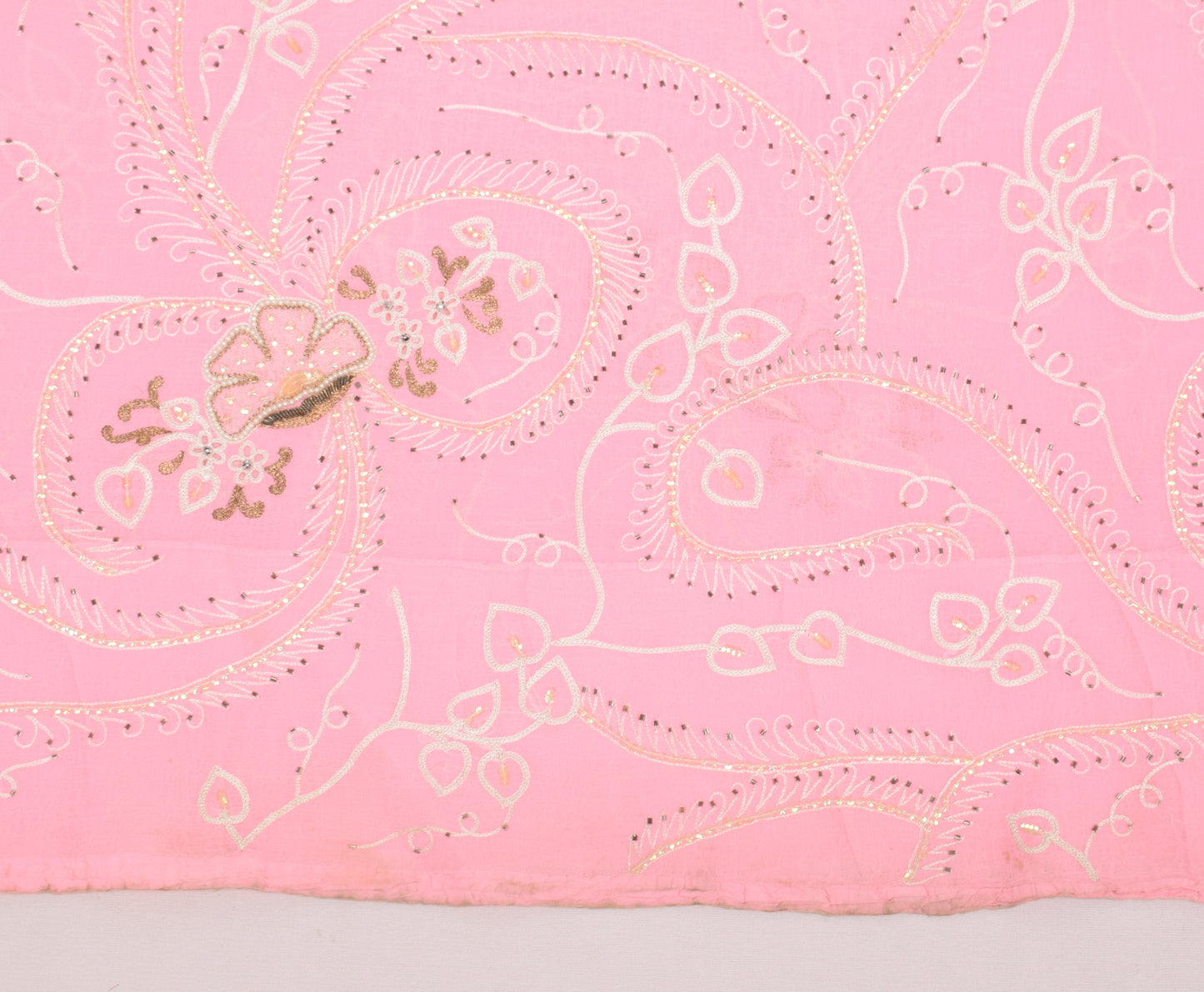 Sushila Vintage Pink Saree Blend Chiffon Silk Embroidered Floral Sari Fabric