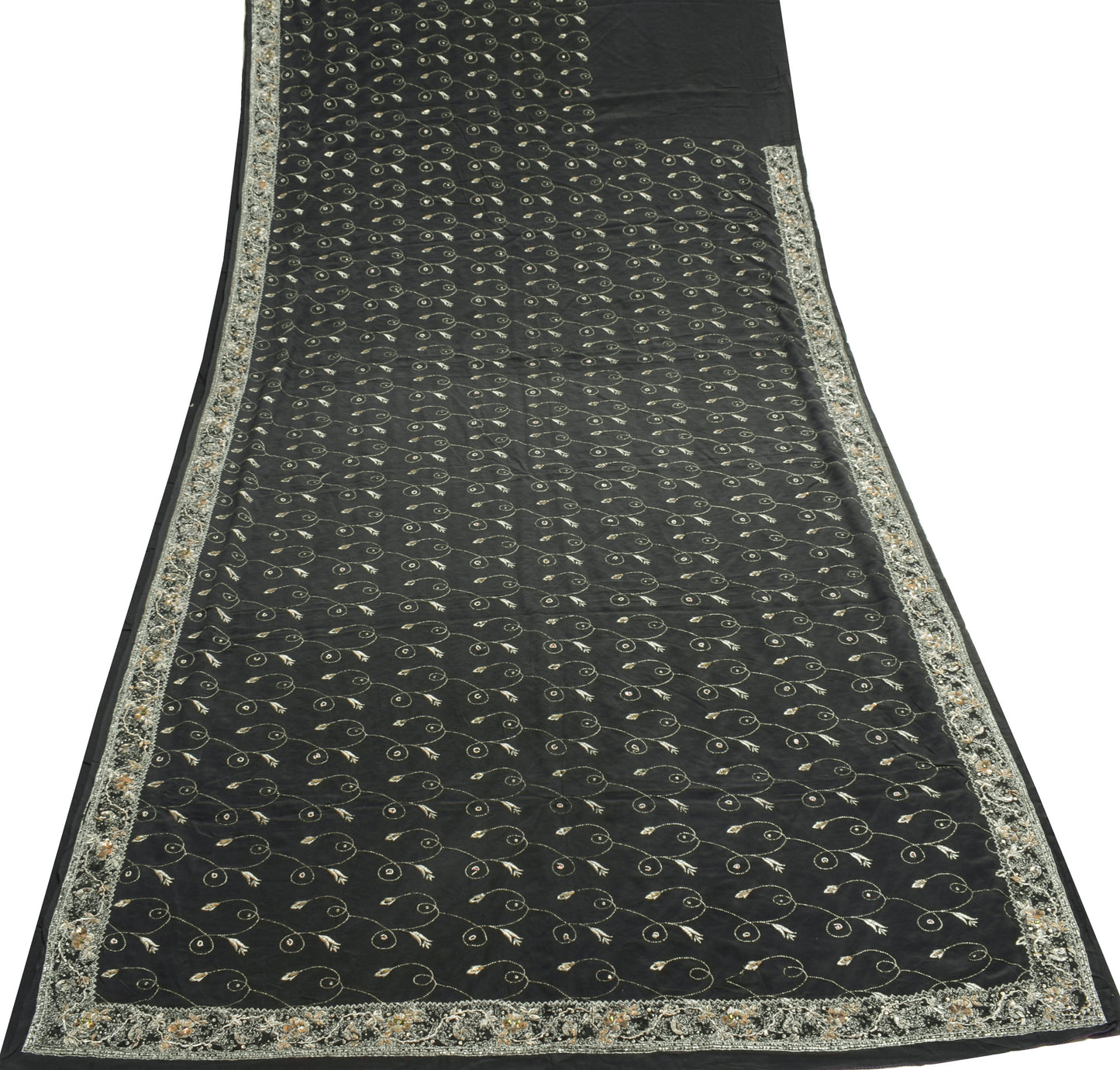 Sushila Vintage Black Saree 100% Pure Crepe Silk Hand Beaded Floral Sari Fabric