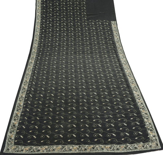 Sushila Vintage Black Saree 100% Pure Crepe Silk Hand Beaded Floral Sari Fabric