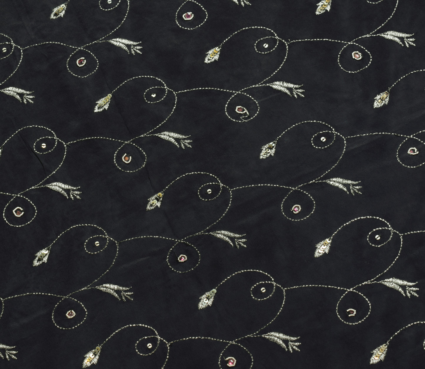 Sushila Vintage Black Saree 100% Pure Crepe Silk Hand Beaded Floral Sari Fabric