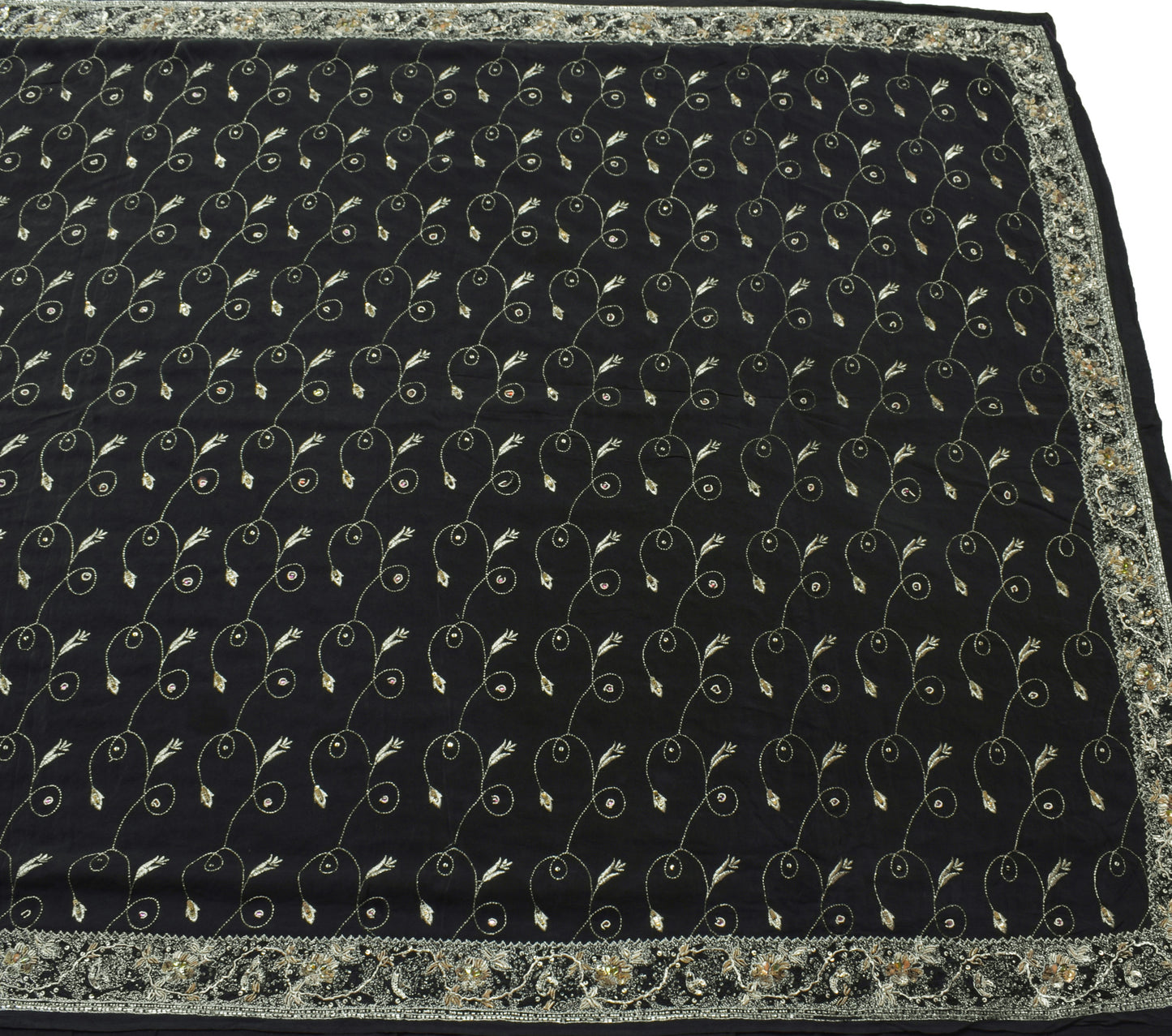 Sushila Vintage Black Saree 100% Pure Crepe Silk Hand Beaded Floral Sari Fabric