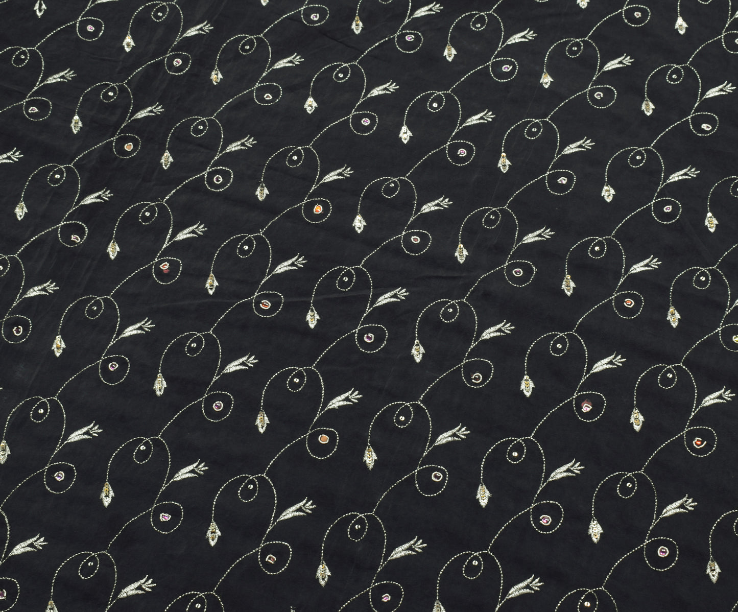 Sushila Vintage Black Saree 100% Pure Crepe Silk Hand Beaded Floral Sari Fabric