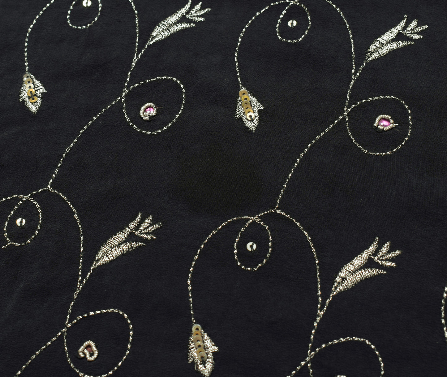 Sushila Vintage Black Saree 100% Pure Crepe Silk Hand Beaded Floral Sari Fabric