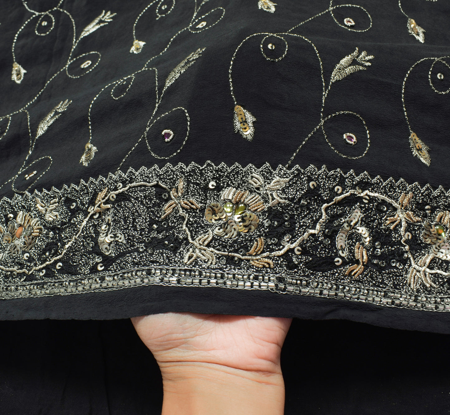 Sushila Vintage Black Saree 100% Pure Crepe Silk Hand Beaded Floral Sari Fabric