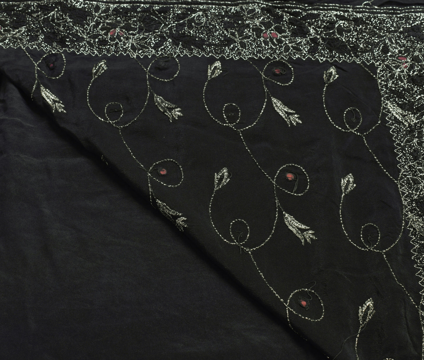 Sushila Vintage Black Saree 100% Pure Crepe Silk Hand Beaded Floral Sari Fabric