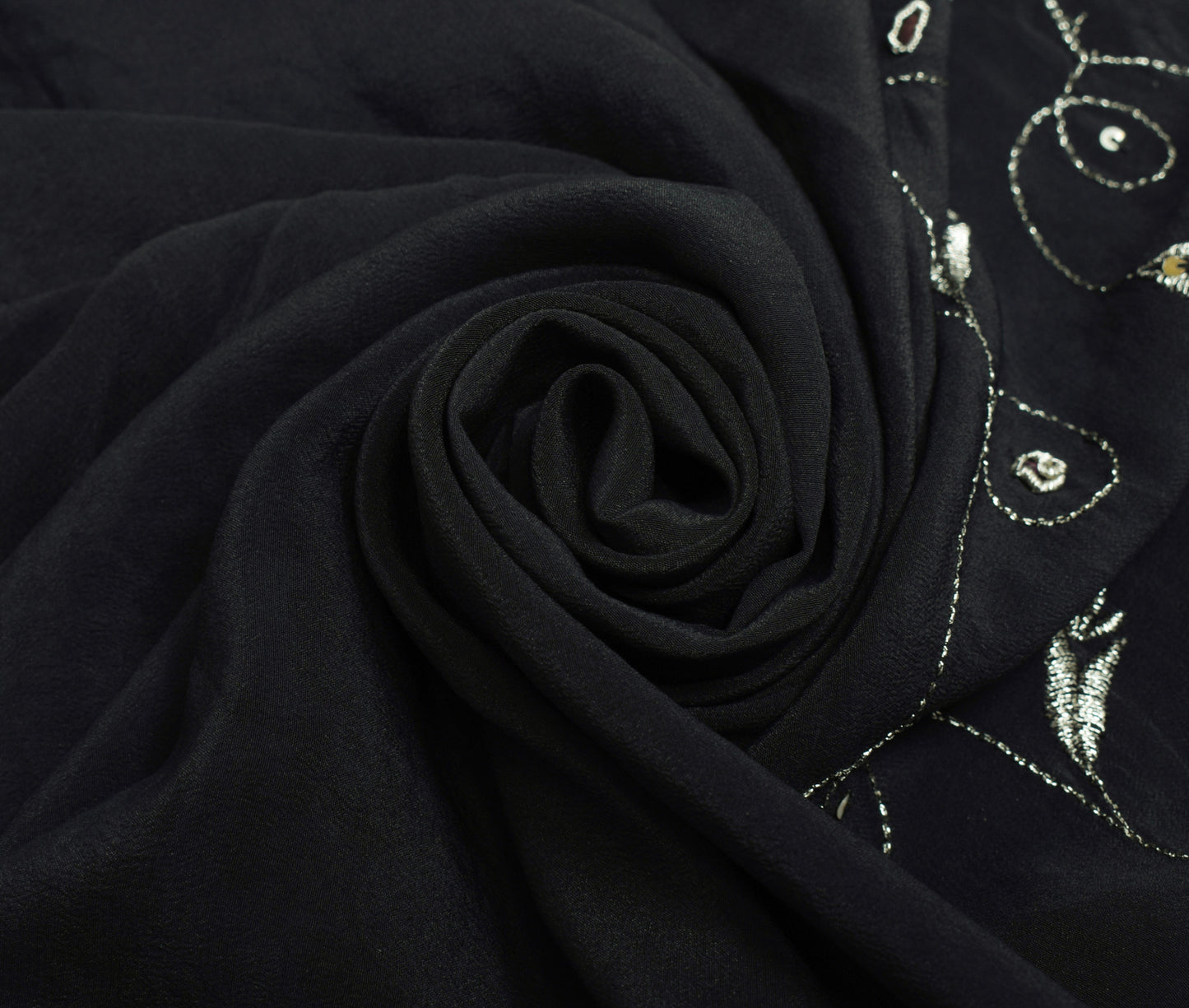 Sushila Vintage Black Saree 100% Pure Crepe Silk Hand Beaded Floral Sari Fabric
