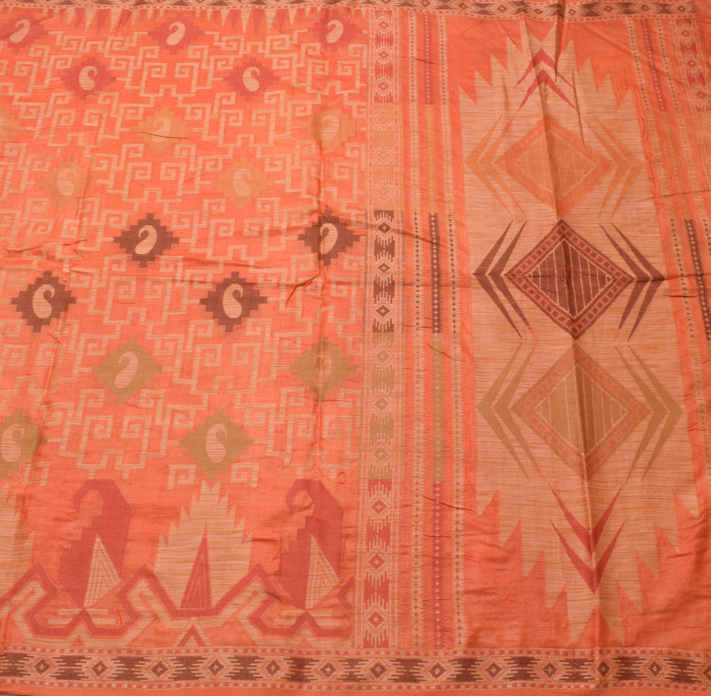Sushila Vintage Orange Saree 100% Pure Silk Paisley Woven Soft Sari Craft Fabric
