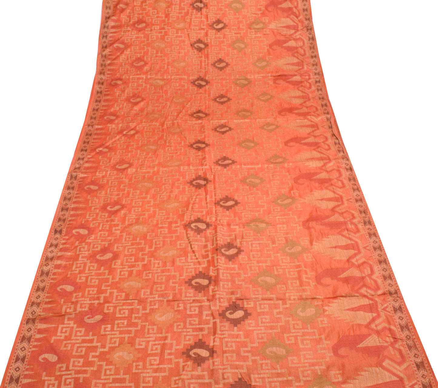 Sushila Vintage Orange Saree 100% Pure Silk Paisley Woven Soft Sari Craft Fabric
