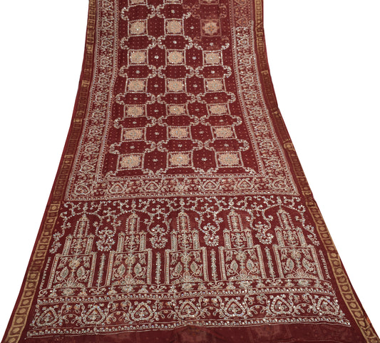 Sushila Vintage Maroon Bridal Saree 100% Pure Georgette Hand Beaded Sari Fabric