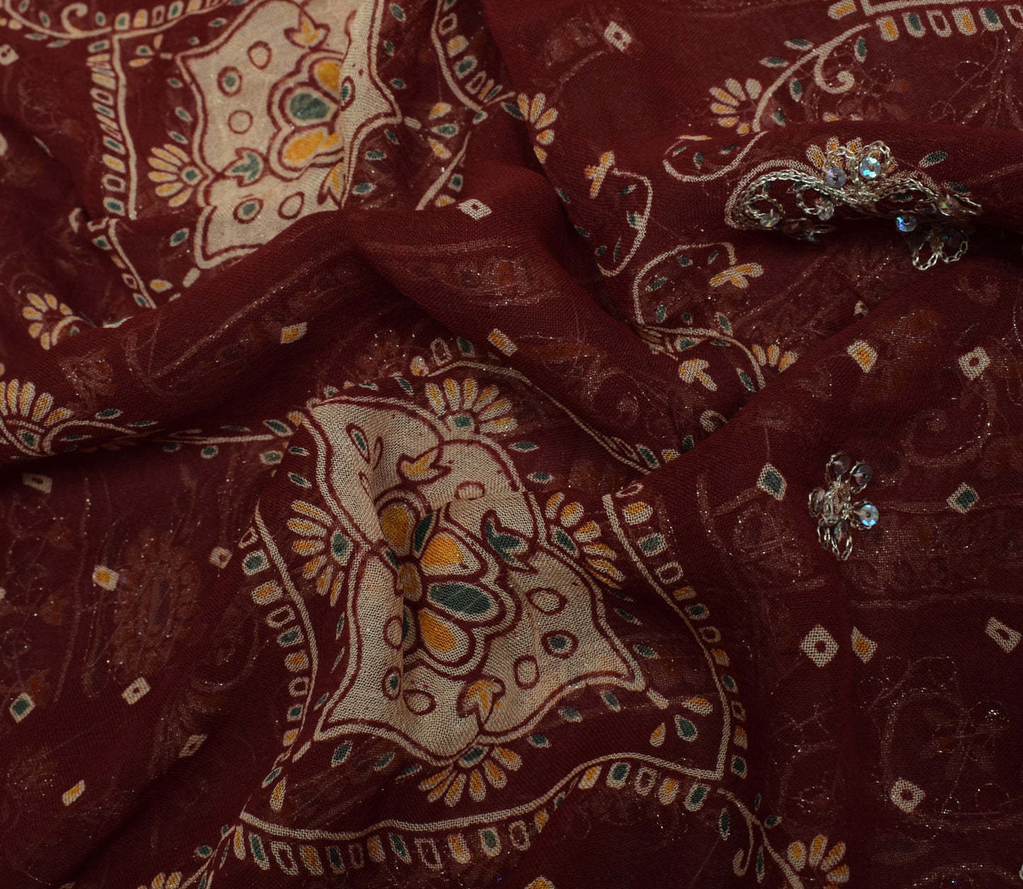 Sushila Vintage Maroon Bridal Saree 100% Pure Georgette Hand Beaded Sari Fabric