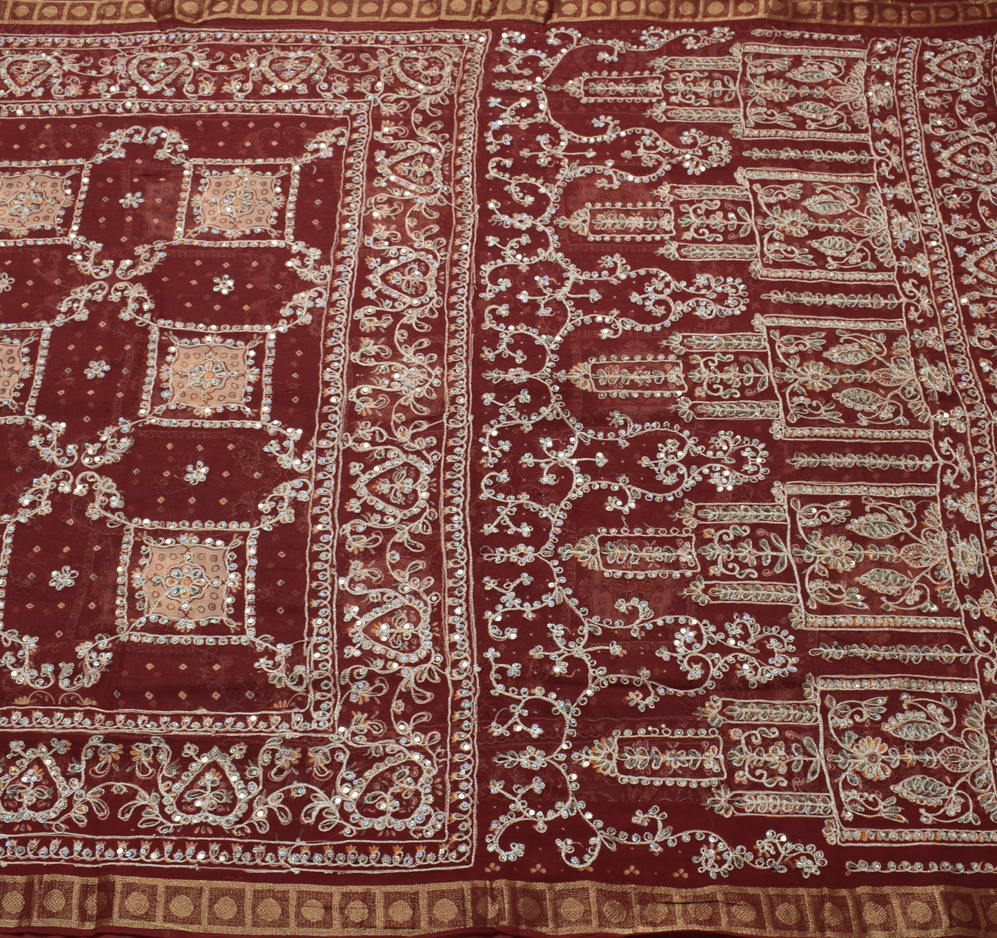 Sushila Vintage Maroon Bridal Saree 100% Pure Georgette Hand Beaded Sari Fabric