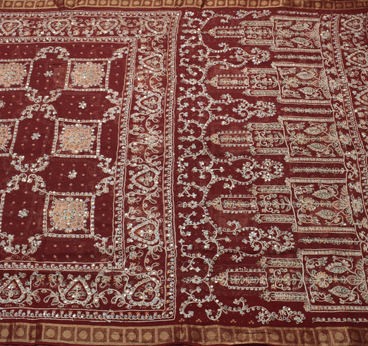 Sushila Vintage Maroon Bridal Saree 100% Pure Georgette Hand Beaded Sari Fabric