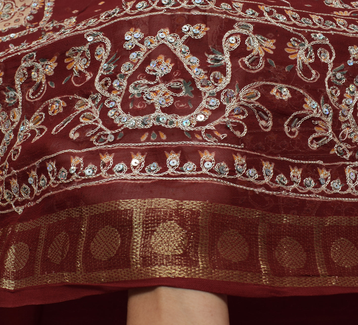 Sushila Vintage Maroon Bridal Saree 100% Pure Georgette Hand Beaded Sari Fabric