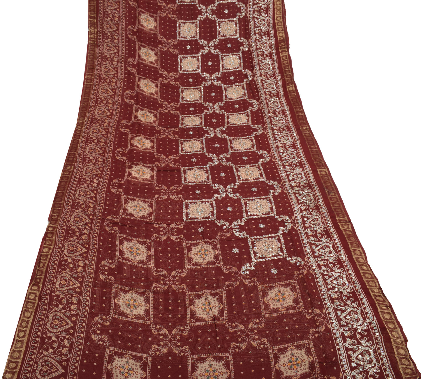 Sushila Vintage Maroon Bridal Saree 100% Pure Georgette Hand Beaded Sari Fabric