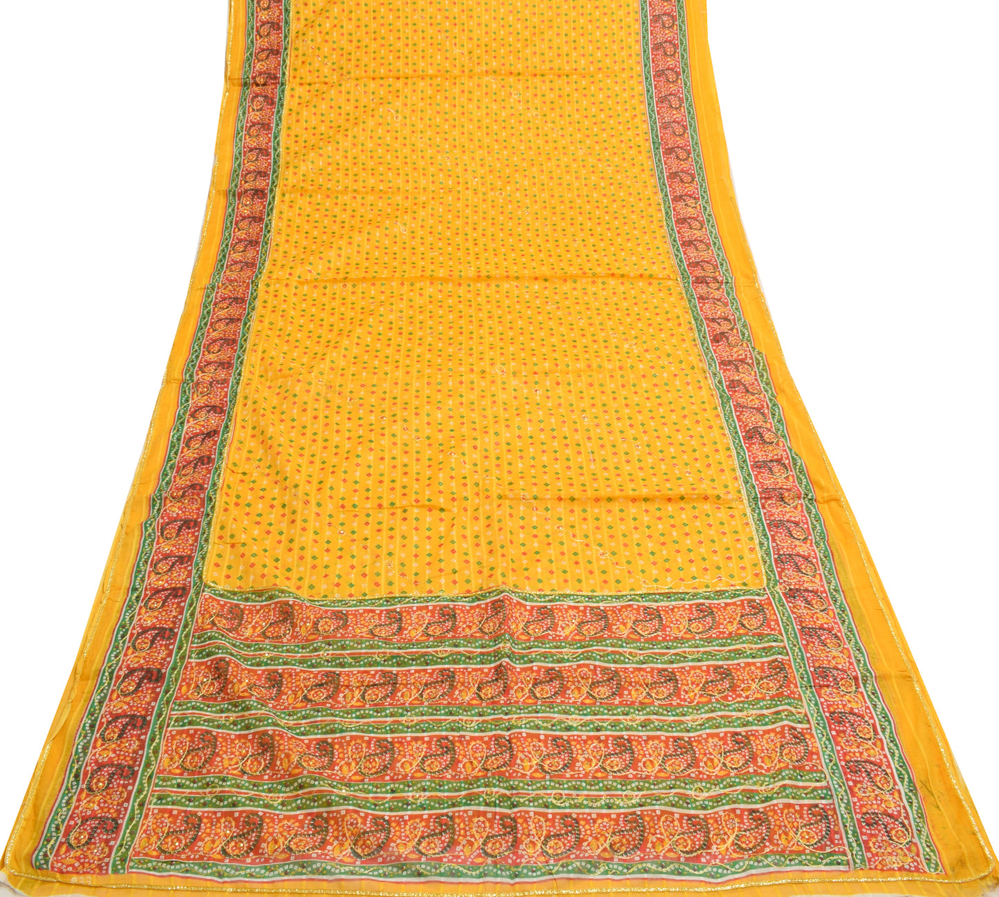 Sushila Vintage Yellow Saree 100% Pure Cotton Bandhani Printed Sari Craft Fabric
