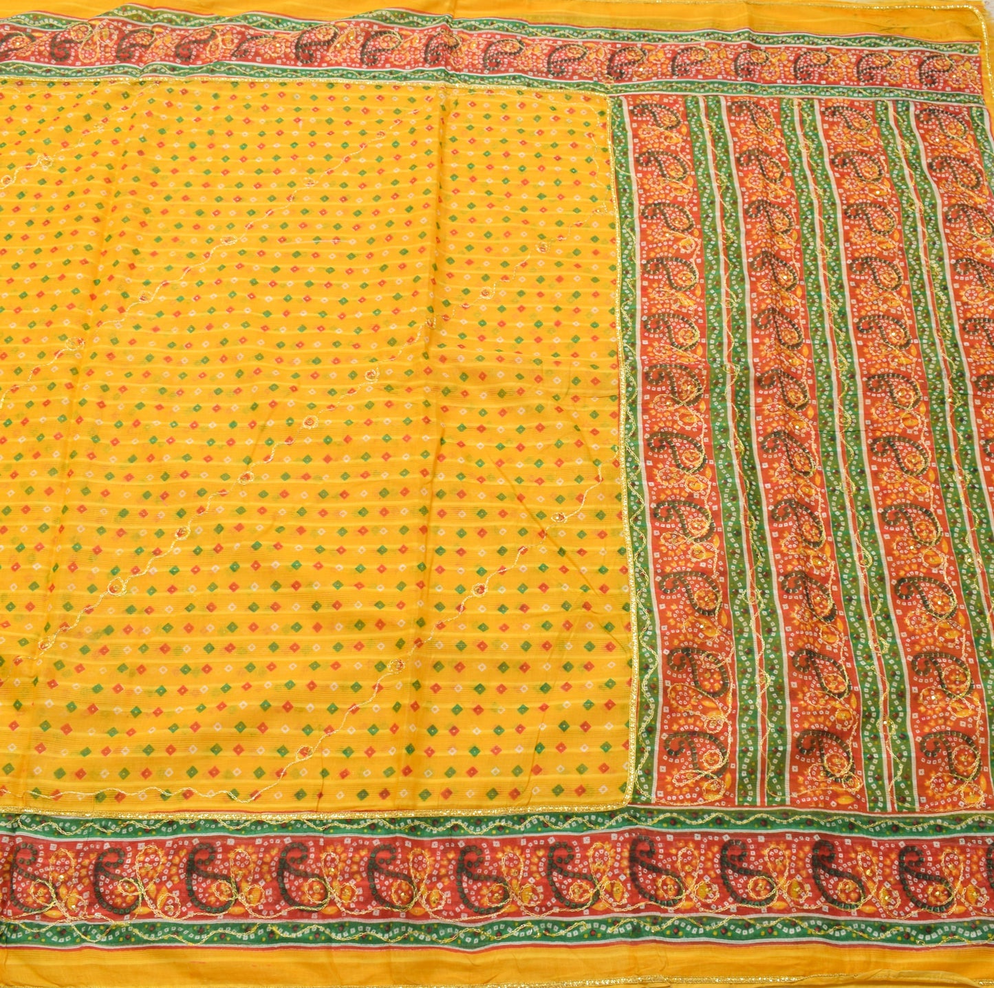 Sushila Vintage Yellow Saree 100% Pure Cotton Bandhani Printed Sari Craft Fabric