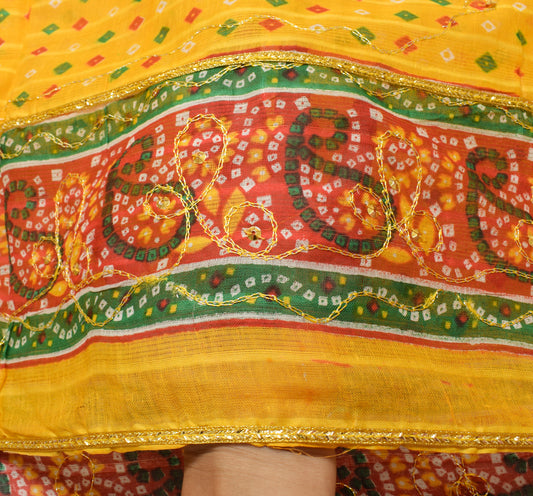 Sushila Vintage Yellow Saree 100% Pure Cotton Bandhani Printed Sari Craft Fabric