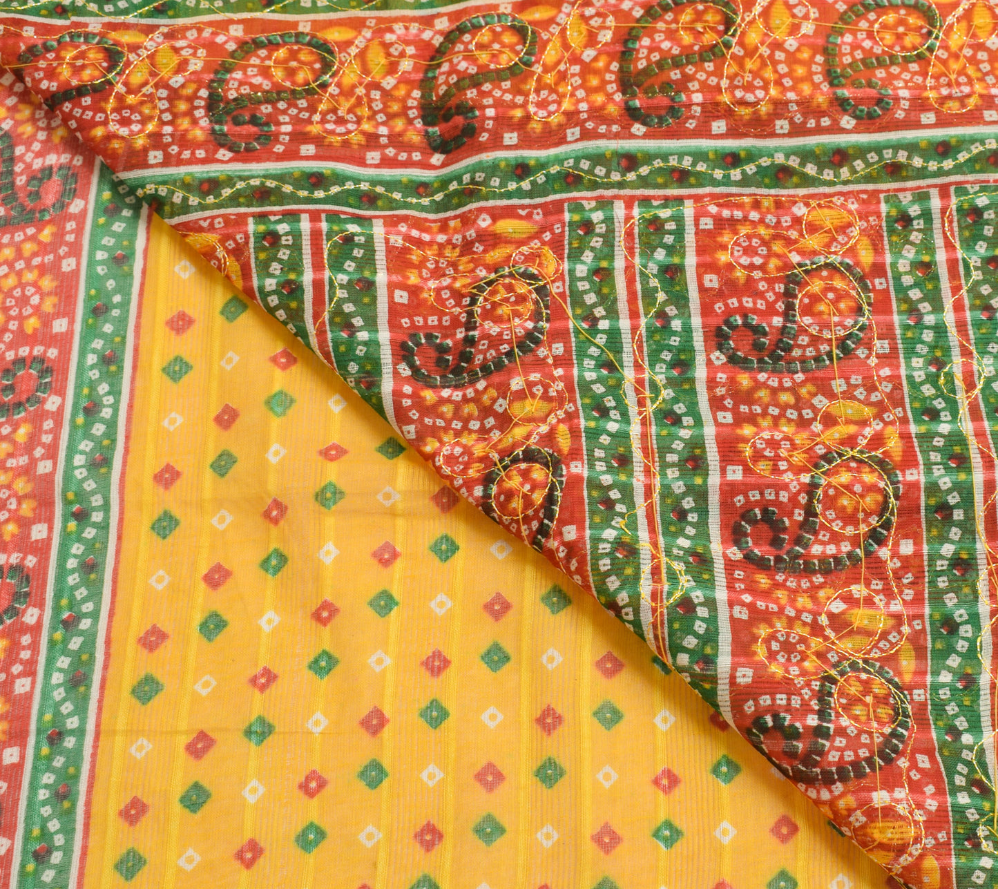 Sushila Vintage Yellow Saree 100% Pure Cotton Bandhani Printed Sari Craft Fabric