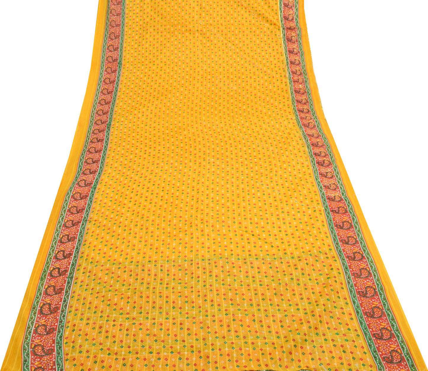 Sushila Vintage Yellow Saree 100% Pure Cotton Bandhani Printed Sari Craft Fabric
