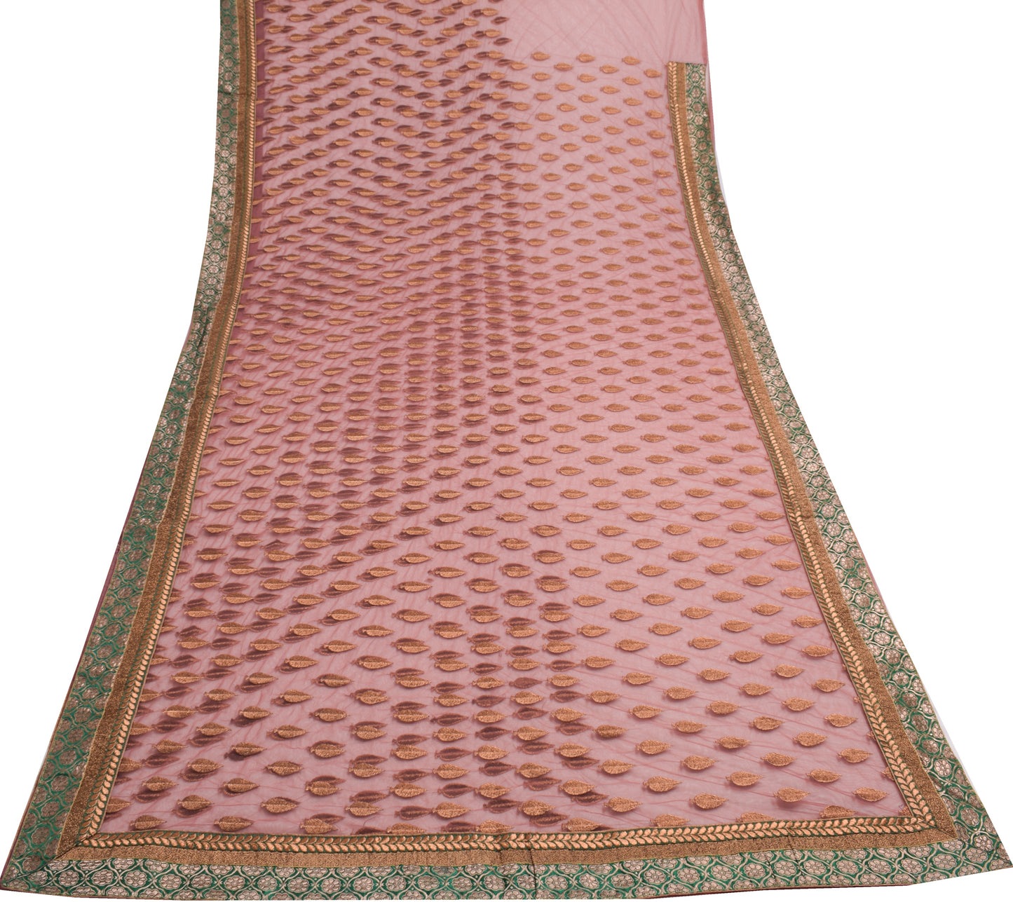Sushila Vintage Saree Net Mesh Embroidered With Floral Green Border Sari Fabric