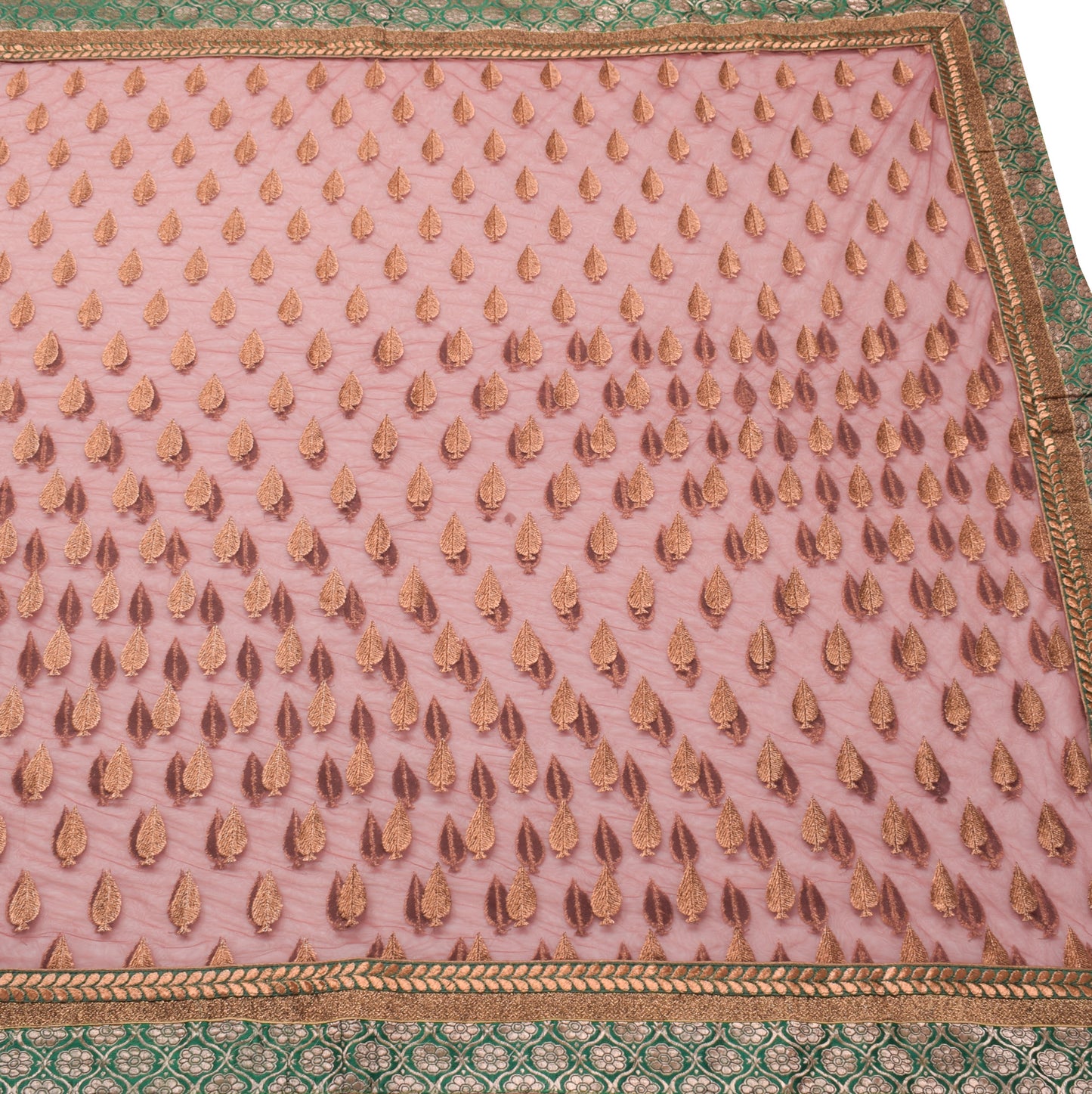 Sushila Vintage Saree Net Mesh Embroidered With Floral Green Border Sari Fabric