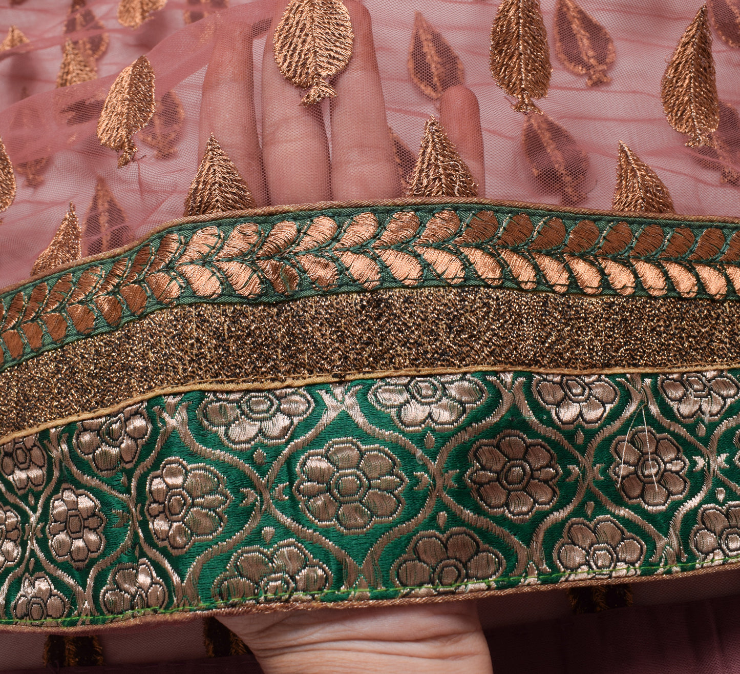 Sushila Vintage Saree Net Mesh Embroidered With Floral Green Border Sari Fabric