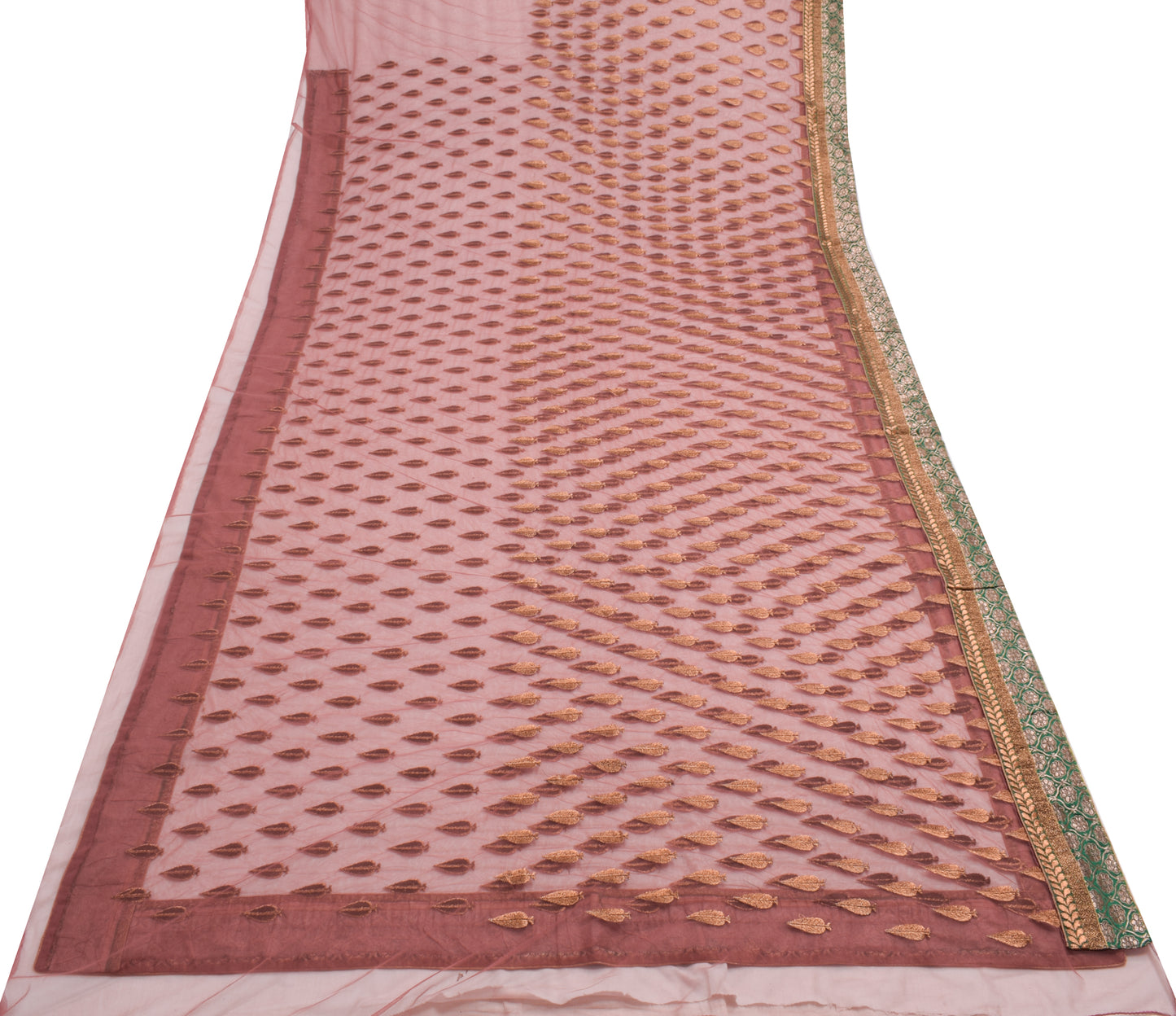 Sushila Vintage Saree Net Mesh Embroidered With Floral Green Border Sari Fabric