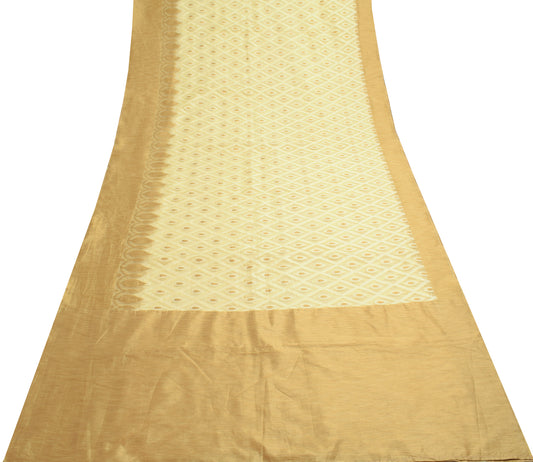 Sushila Vintage Light Indian Brown Saree Art Silk Checks Woven Sari Craft Fabric