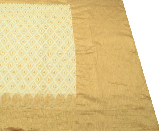 Sushila Vintage Light Indian Brown Saree Art Silk Checks Woven Sari Craft Fabric