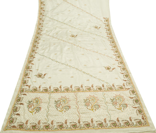 Sushila Vintage White Indian Saree Art Silk Hand Beaded Floral Sari Craft Fabric