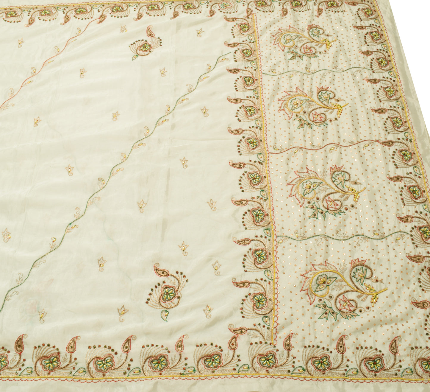 Sushila Vintage White Indian Saree Art Silk Hand Beaded Floral Sari Craft Fabric