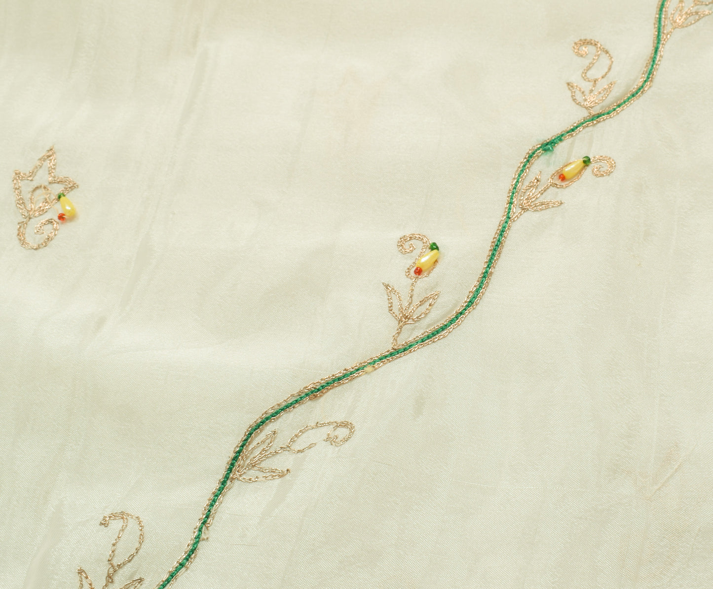 Sushila Vintage White Indian Saree Art Silk Hand Beaded Floral Sari Craft Fabric