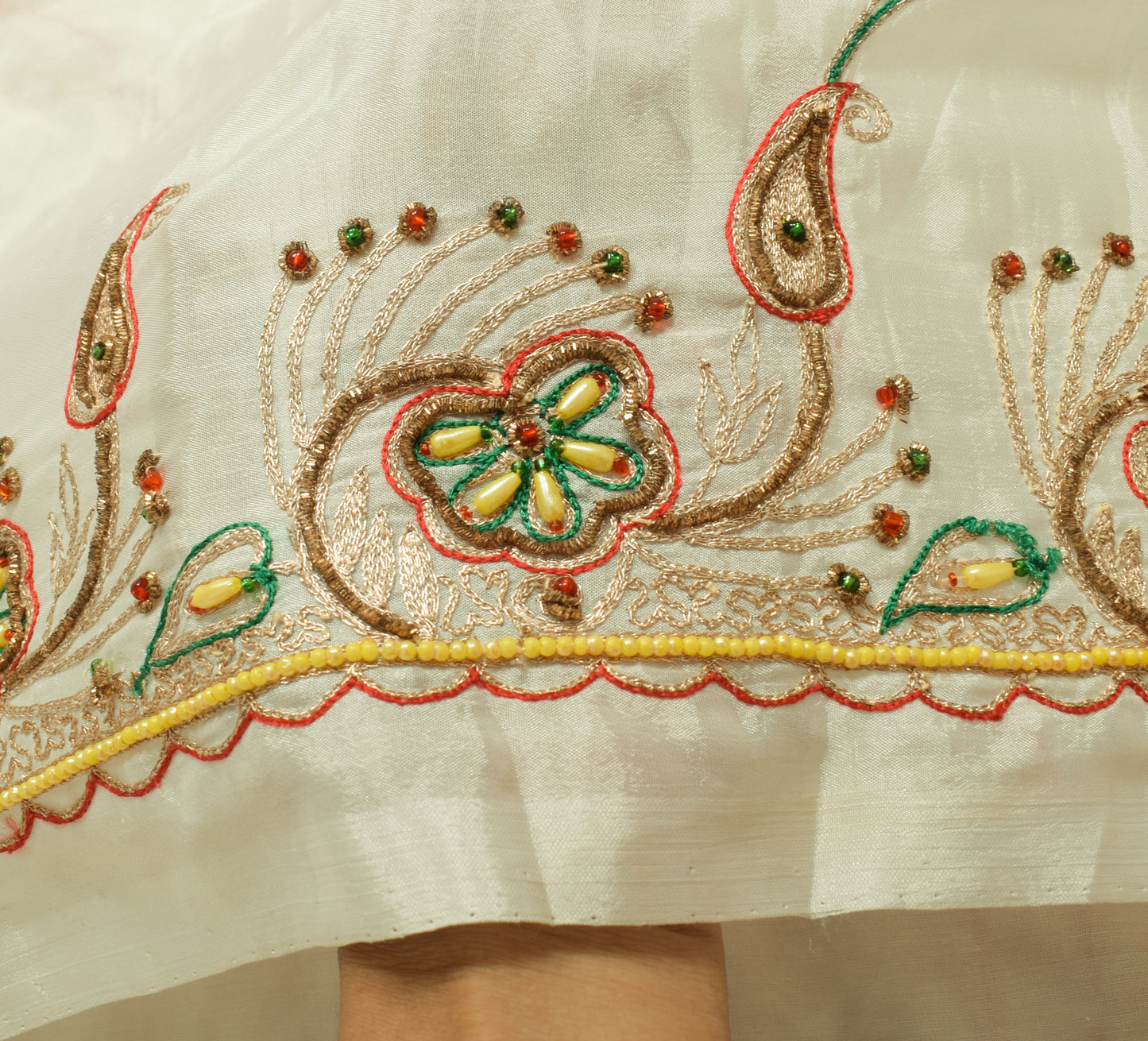 Sushila Vintage White Indian Saree Art Silk Hand Beaded Floral Sari Craft Fabric