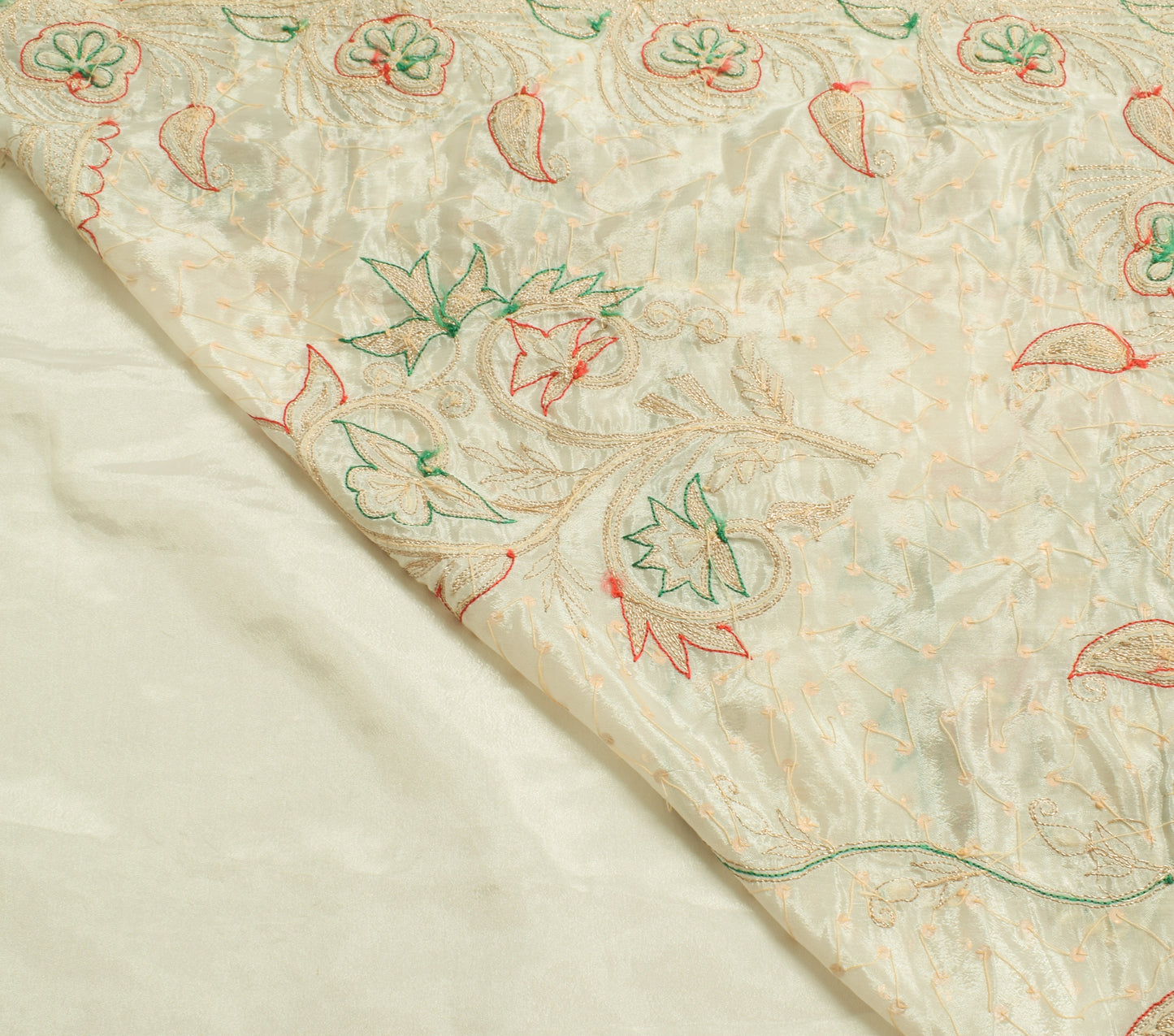 Sushila Vintage White Indian Saree Art Silk Hand Beaded Floral Sari Craft Fabric