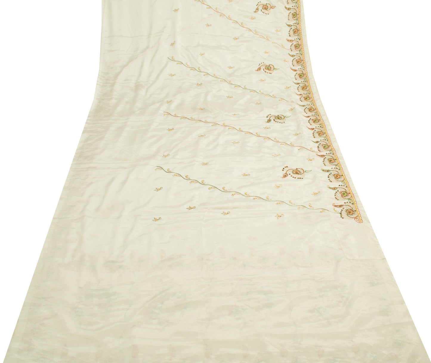 Sushila Vintage White Indian Saree Art Silk Hand Beaded Floral Sari Craft Fabric