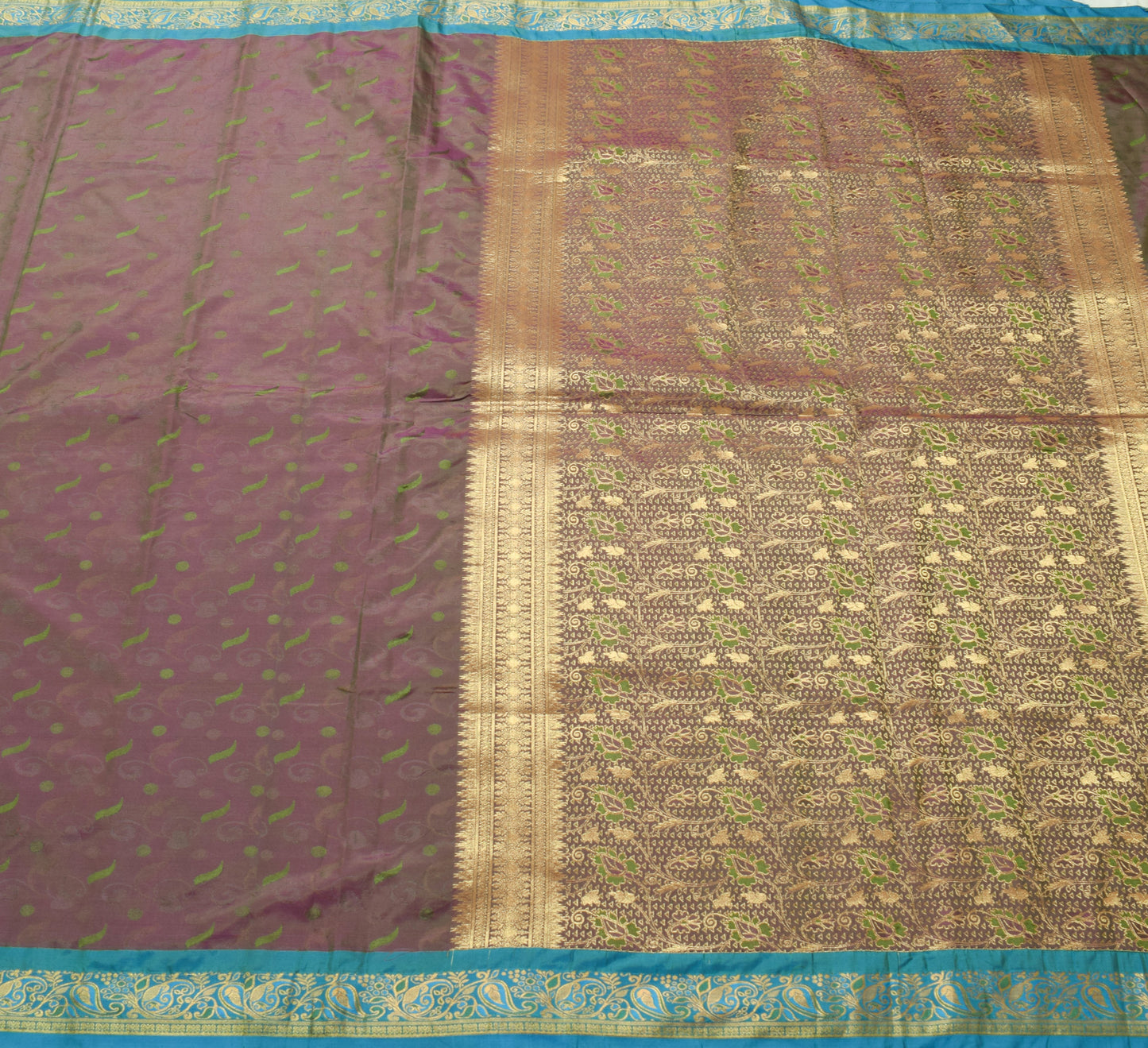 Sushila Vintage Green & Purple Saree Blend Silk Woven Floral Sari Craft Fabric