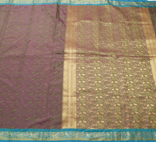 Sushila Vintage Green & Purple Saree Blend Silk Woven Floral Sari Craft Fabric