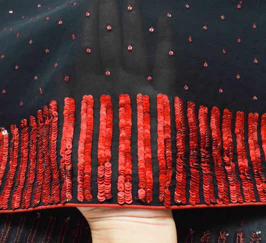 Sushila Vintage Black Bollywood Saree 100% Pure Georgette Silk Sequins Work Sari Fabric