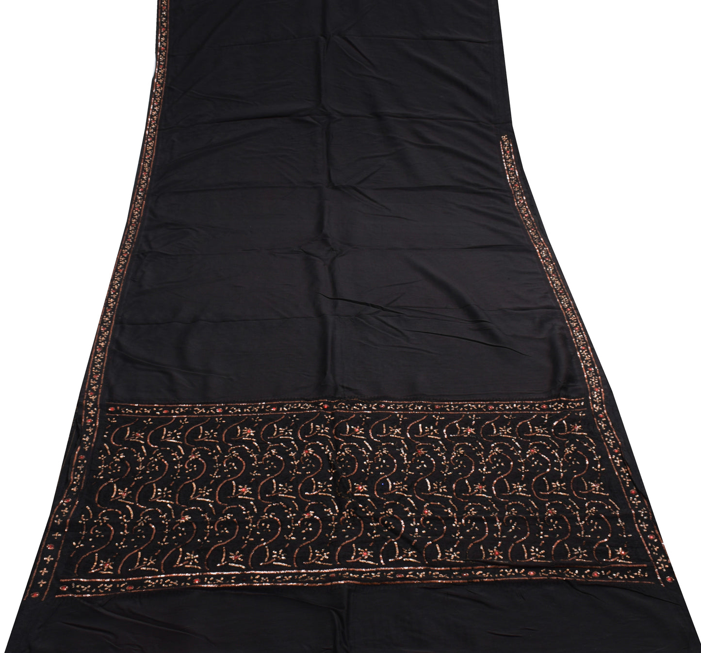 Sushila Vintage Black Saree 100% Pure Crepe Silk Hand Beaded Floral Sari Fabric