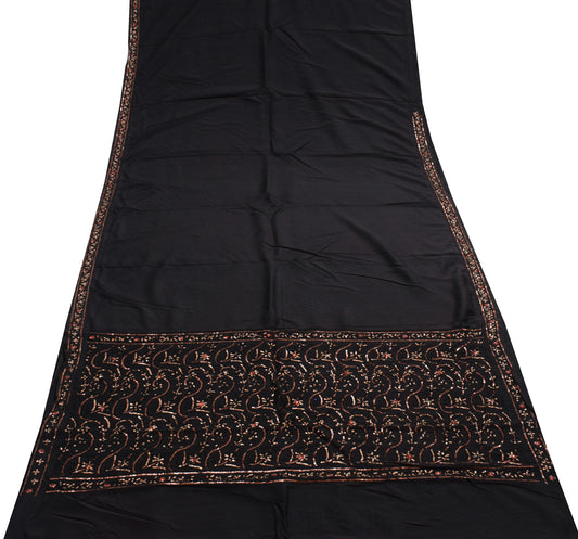 Sushila Vintage Black Saree 100% Pure Crepe Silk Hand Beaded Floral Sari Fabric