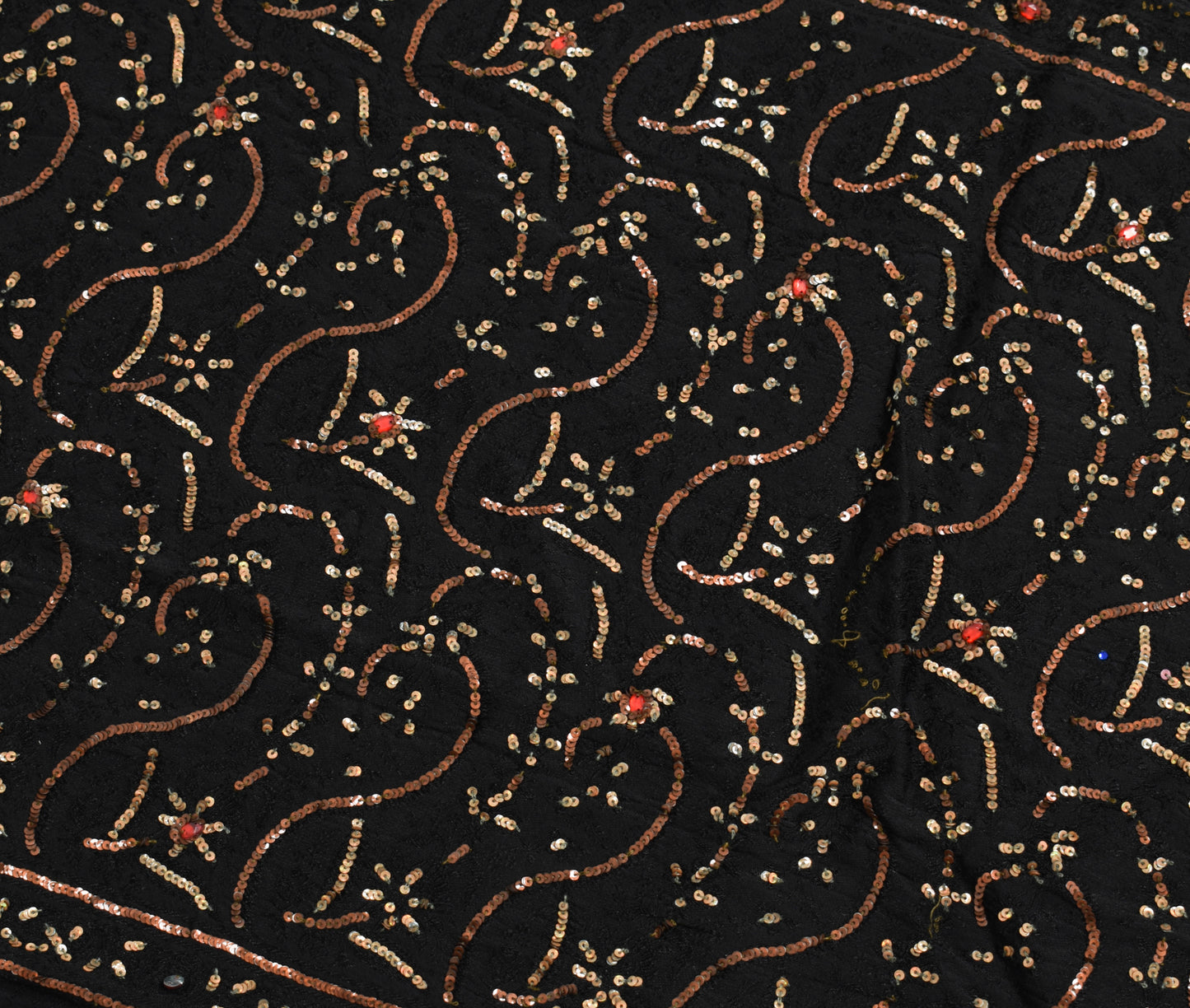 Sushila Vintage Black Saree 100% Pure Crepe Silk Hand Beaded Floral Sari Fabric