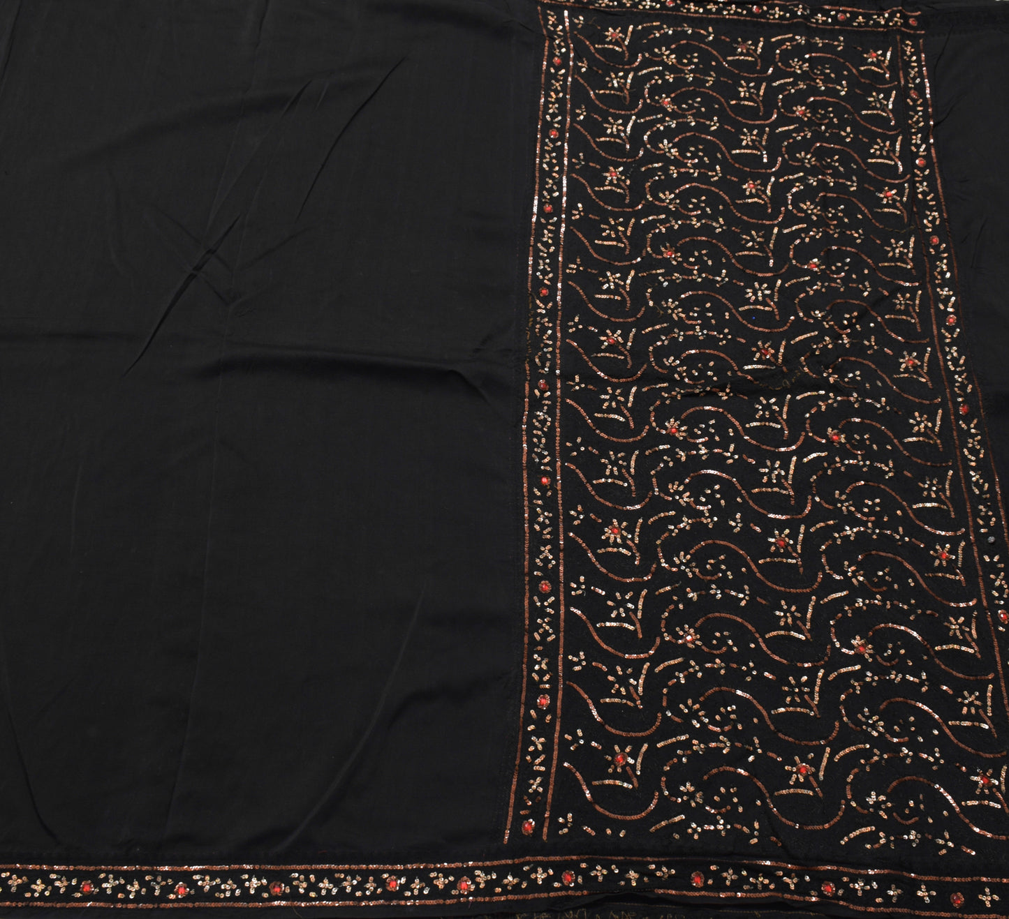 Sushila Vintage Black Saree 100% Pure Crepe Silk Hand Beaded Floral Sari Fabric