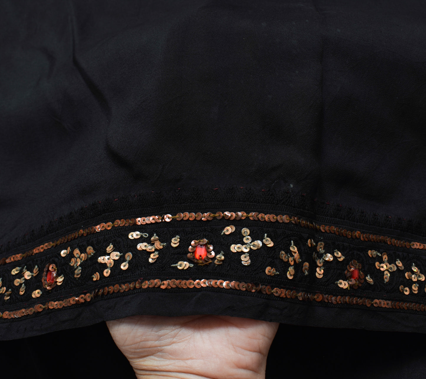 Sushila Vintage Black Saree 100% Pure Crepe Silk Hand Beaded Floral Sari Fabric