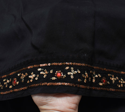 Sushila Vintage Black Saree 100% Pure Crepe Silk Hand Beaded Floral Sari Fabric