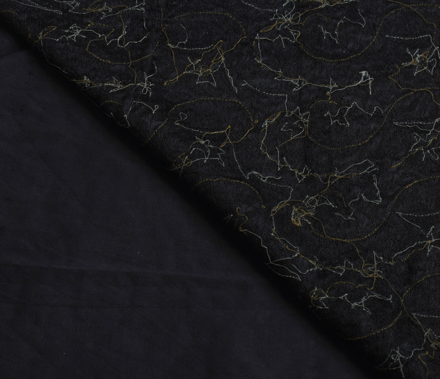 Sushila Vintage Black Saree 100% Pure Crepe Silk Hand Beaded Floral Sari Fabric