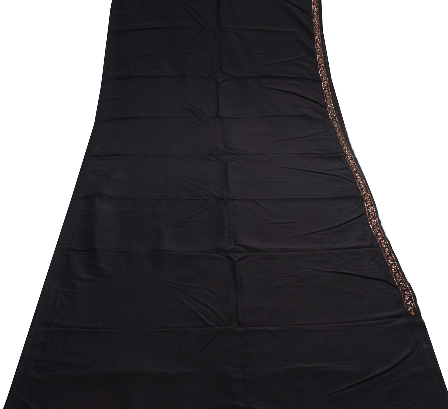 Sushila Vintage Black Saree 100% Pure Crepe Silk Hand Beaded Floral Sari Fabric