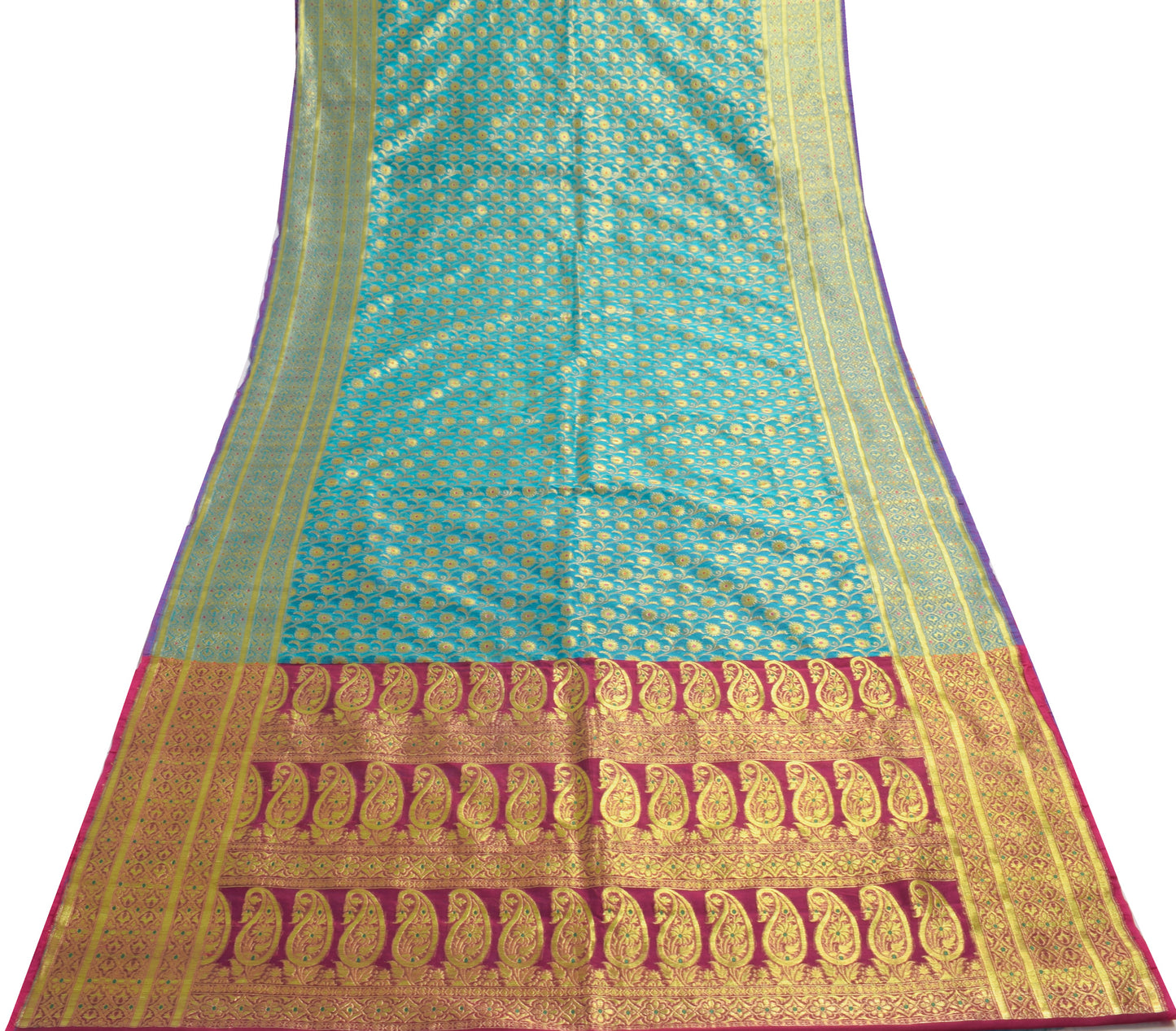 Sushila Vintage Turquoise Blue Saree Art Silk Banarasi Brocade Floral Sari