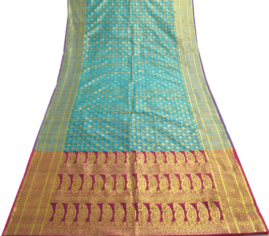 Sushila Vintage Turquoise Blue Saree Art Silk Banarasi Brocade Floral Sari