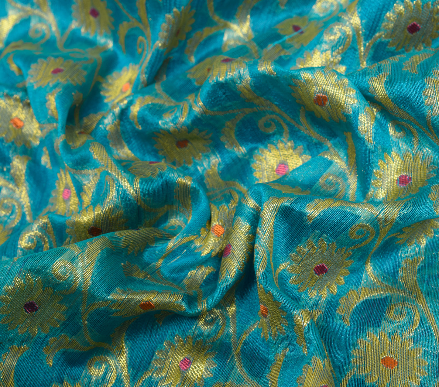 Sushila Vintage Turquoise Blue Saree Art Silk Banarasi Brocade Floral Sari